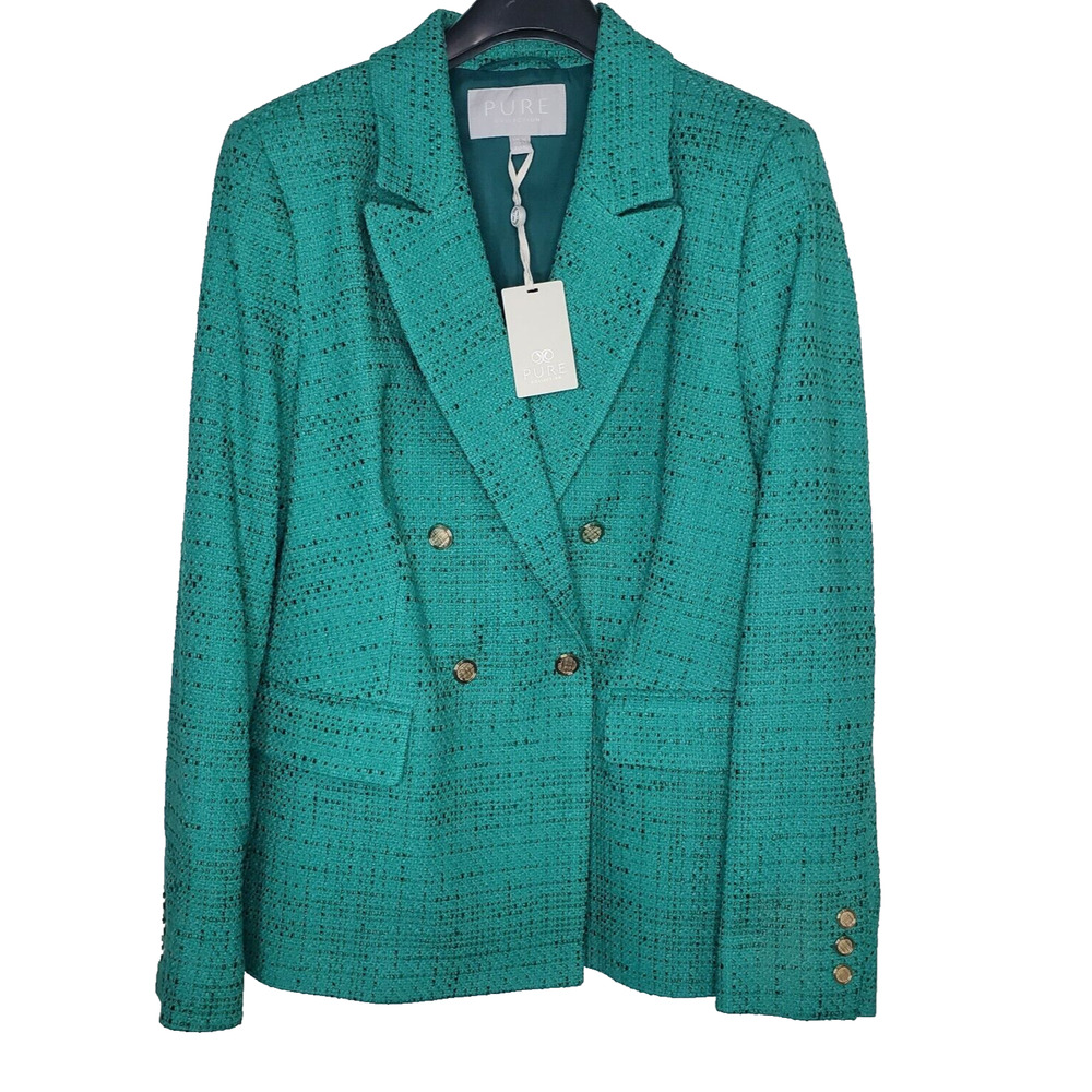Pure Collection Womens Blazer Green Textured Double Breasted Gold Buttons SZ 12